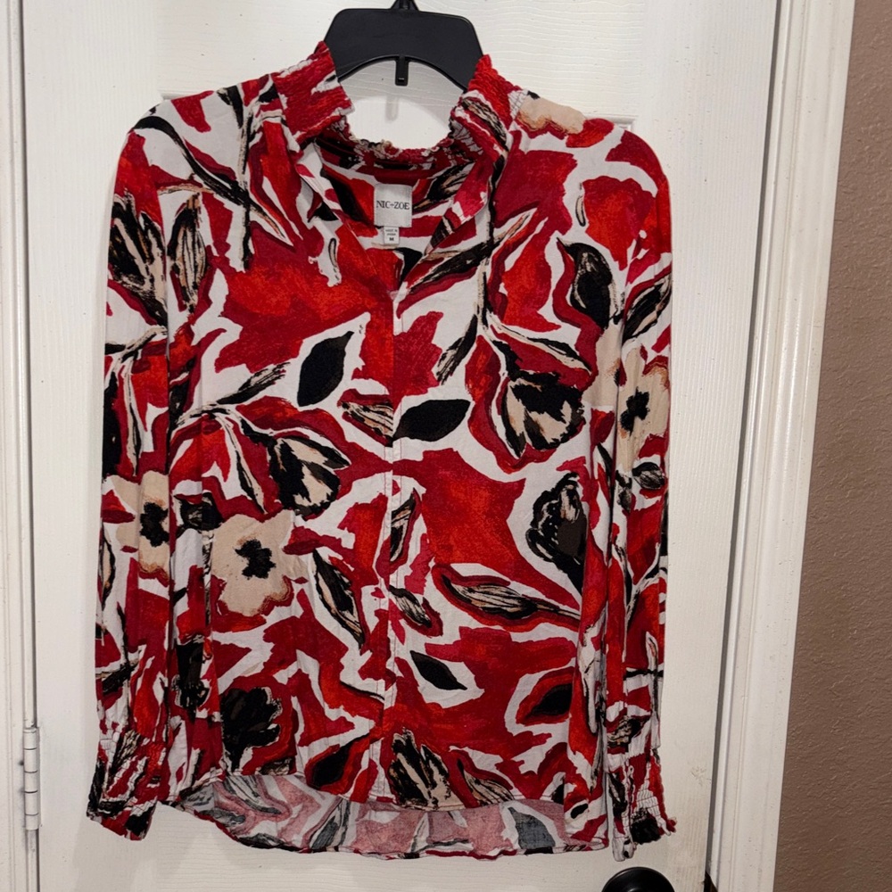 NIC+ZOE Red, Cream and Black Floral Ruffle-Neck Blouse